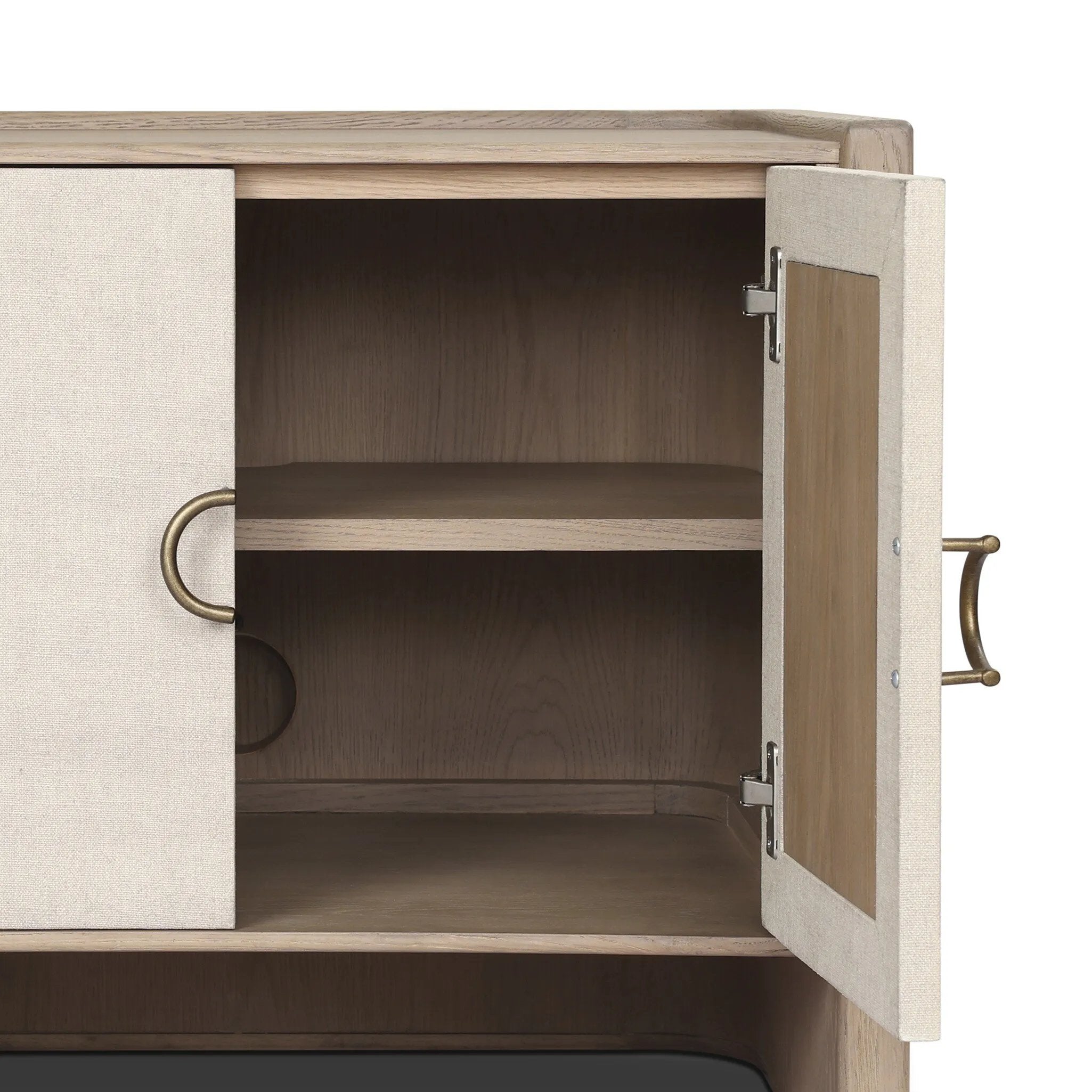 Featuring Kiran Sandy Oak Veneer Nightstand by Four Hands at Amethyst Home. Bring storage to your bedside with a monochromatic nightstand of sandy oak and painted linen, with split-circle iron hardware. A spacious interior features removable shelving to custom suit your needs. Overall Dimensions: 30.00"w x 20.00"d x 25.00"h. Amethyst Home provides interior design, new home construction design consulting, vintage area rugs, and lighting in the Austin metro area.