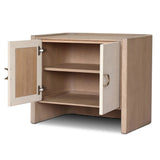 Featuring Kiran Sandy Oak Veneer Nightstand by Four Hands at Amethyst Home. Bring storage to your bedside with a monochromatic nightstand of sandy oak and painted linen, with split-circle iron hardware. A spacious interior features removable shelving to custom suit your needs. Overall Dimensions: 30.00"w x 20.00"d x 25.00"h. Amethyst Home provides interior design, new home construction design consulting, vintage area rugs, and lighting in the Houston metro area.