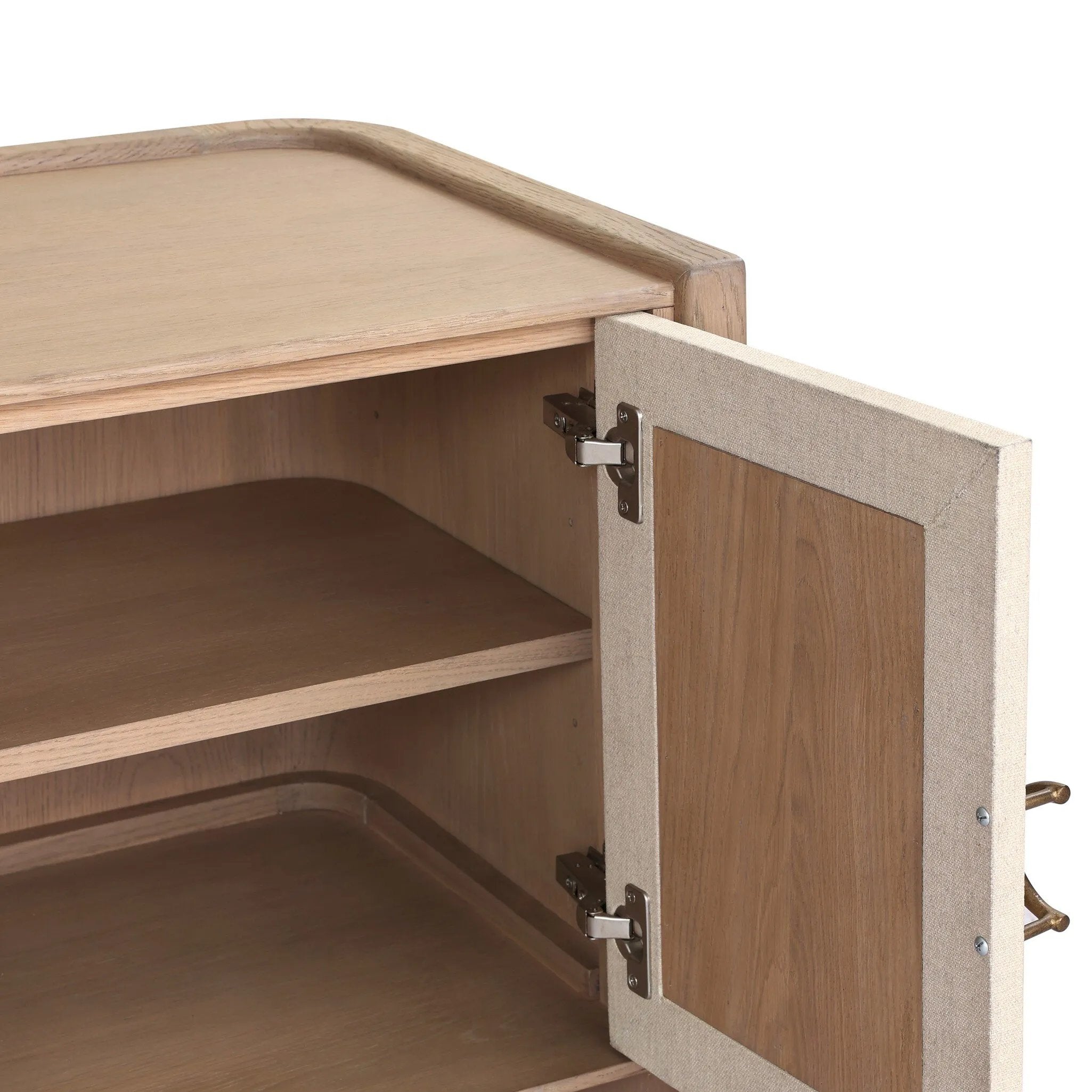 Featuring Kiran Sandy Oak Veneer Nightstand by Four Hands at Amethyst Home. Bring storage to your bedside with a monochromatic nightstand of sandy oak and painted linen, with split-circle iron hardware. A spacious interior features removable shelving to custom suit your needs. Overall Dimensions: 30.00"w x 20.00"d x 25.00"h. Amethyst Home provides interior design, new home construction design consulting, vintage area rugs, and lighting in the Laguna Beach metro area.