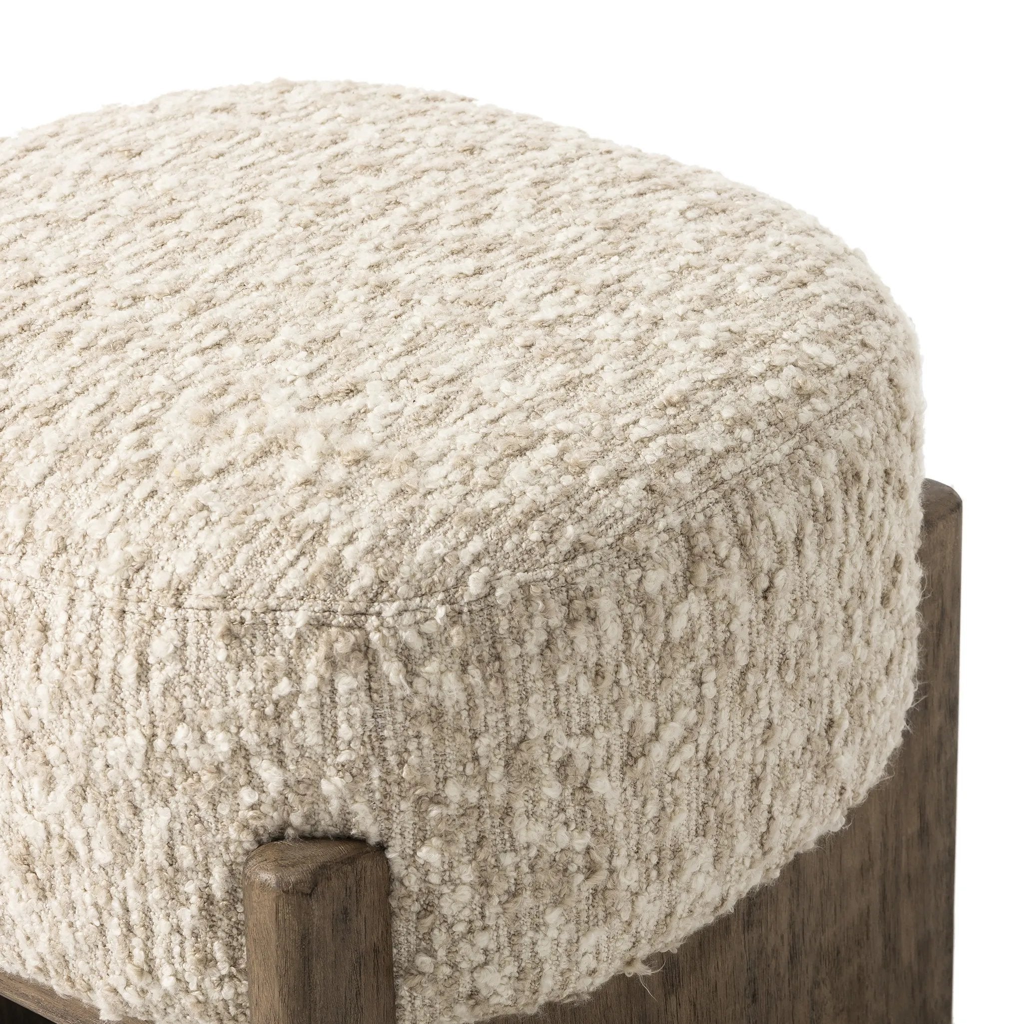 Featuring Kirby Solema Cream Accent Stool by Four Hands at Amethyst Home. Style this vintage-inspired accent stool just about anywhere. A cradle base of wire-brushed parawood supports heavily textured upholstered seating.Overall Dimensions: 22.50"w x 20.50"d x 20.25"hWeight : 31.31 lbsMaterials: 65% Acrylic, 21% Polyester, 10% Wool, 3% Cotton, and 1% Rayon. Amethyst Home provides interior design, new home construction design consulting, vintage area rugs, and lighting in the Alpharetta metro area.