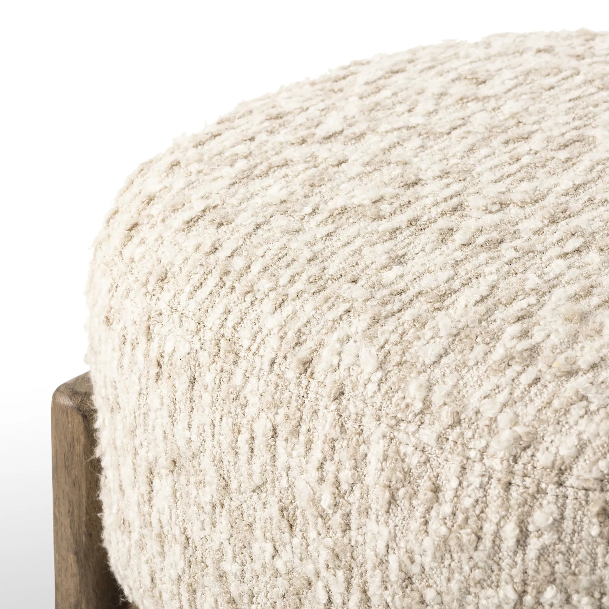 Featuring Kirby Solema Cream Accent Stool by Four Hands at Amethyst Home. Style this vintage-inspired accent stool just about anywhere. A cradle base of wire-brushed parawood supports heavily textured upholstered seating.Overall Dimensions: 22.50"w x 20.50"d x 20.25"hWeight : 31.31 lbsMaterials: 65% Acrylic, 21% Polyester, 10% Wool, 3% Cotton, and 1% Rayon,. Amethyst Home provides interior design, new home construction design consulting, vintage area rugs, and lighting in the Calabasas metro area.