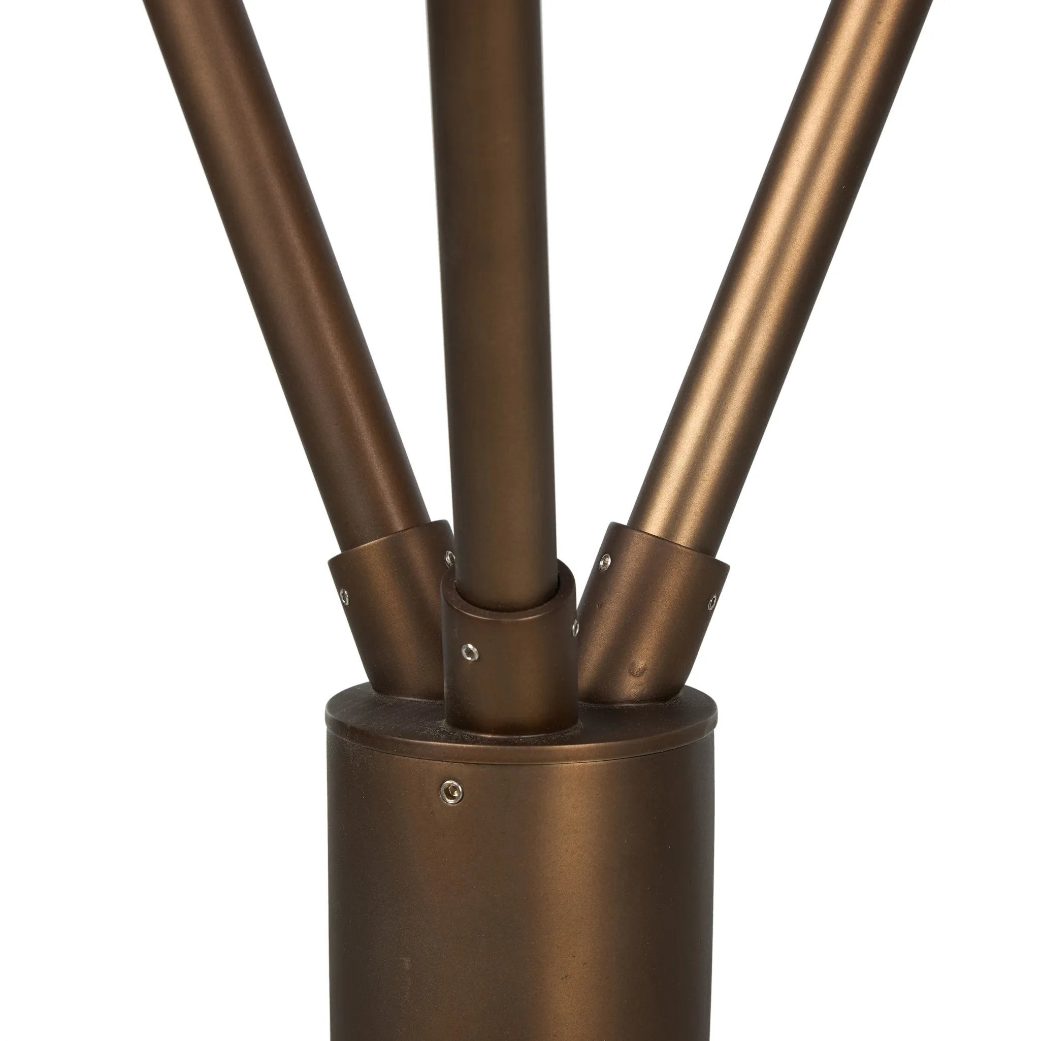 A tripod-base floor lamp, provides light in every direction. Made with slim, sturdy iron in a rubbed bronze finish and topped with linen shades for a soft glow Amethyst Home provides interior design, new home construction design consulting, vintage area rugs, and lighting in the Newport Beach metro area.