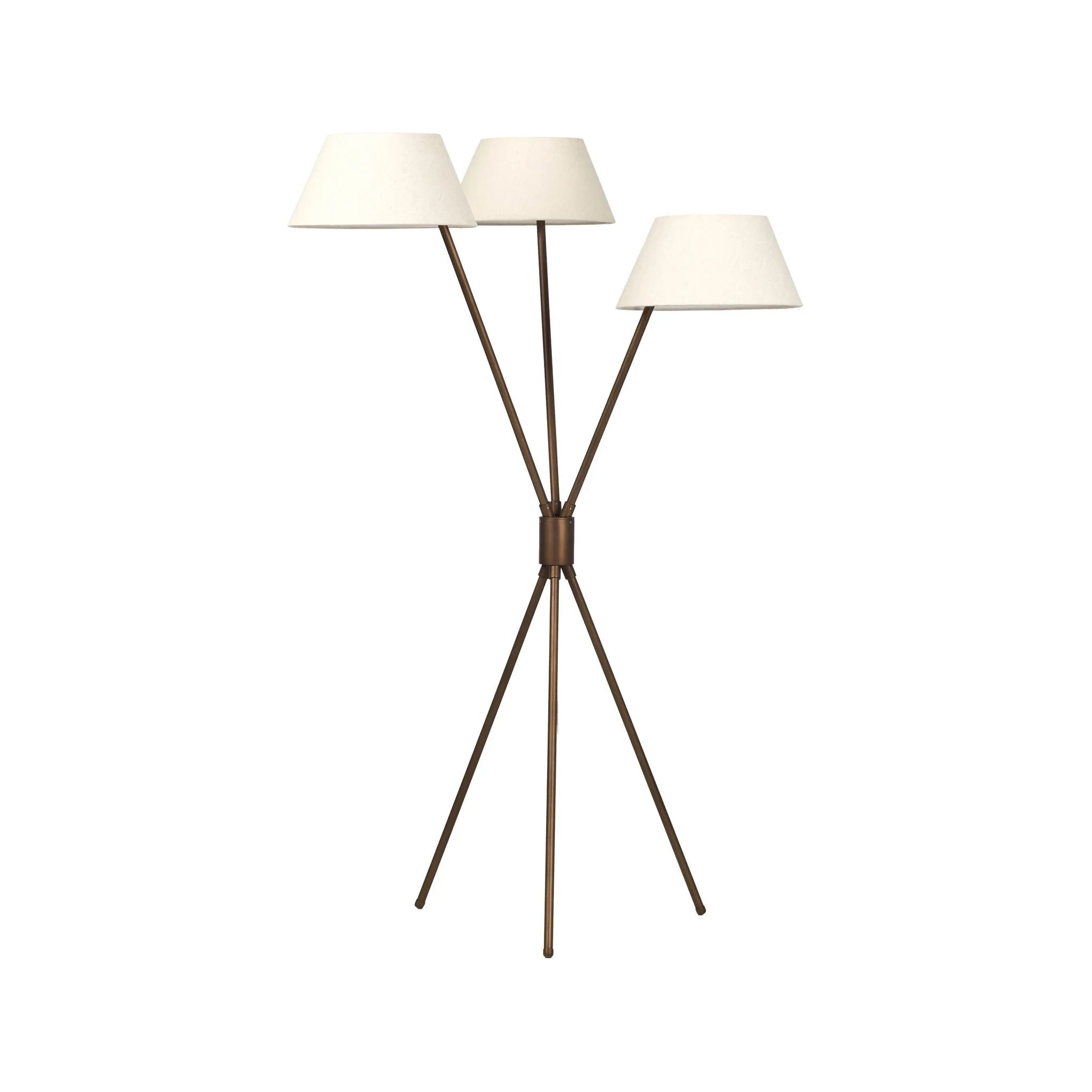 A tripod-base floor lamp, provides light in every direction. Made with slim, sturdy iron in a rubbed bronze finish and topped with linen shades for a soft glow Amethyst Home provides interior design, new home construction design consulting, vintage area rugs, and lighting in the Park City metro area.