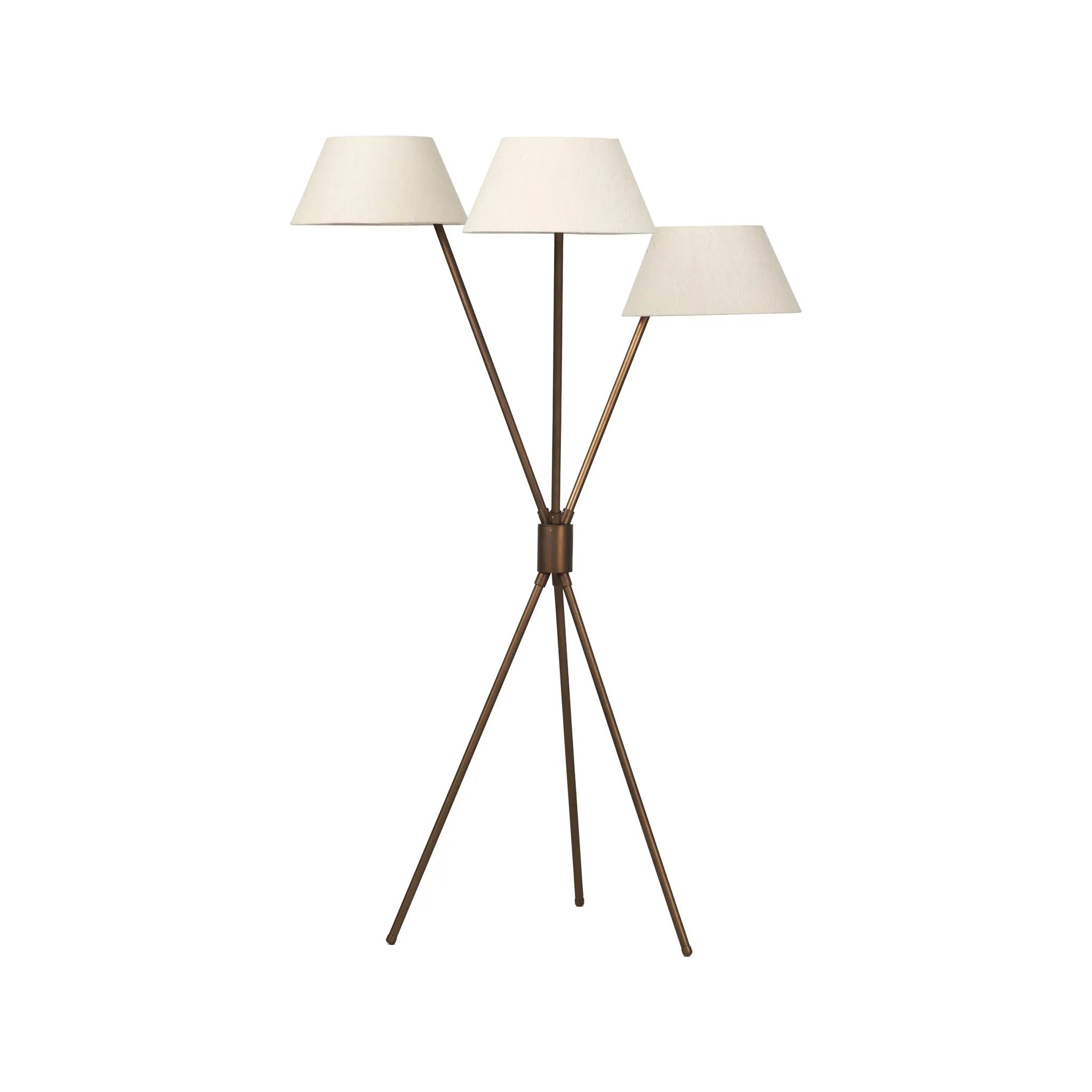 A tripod-base floor lamp, provides light in every direction. Made with slim, sturdy iron in a rubbed bronze finish and topped with linen shades for a soft glow Amethyst Home provides interior design, new home construction design consulting, vintage area rugs, and lighting in the Seattle metro area.
