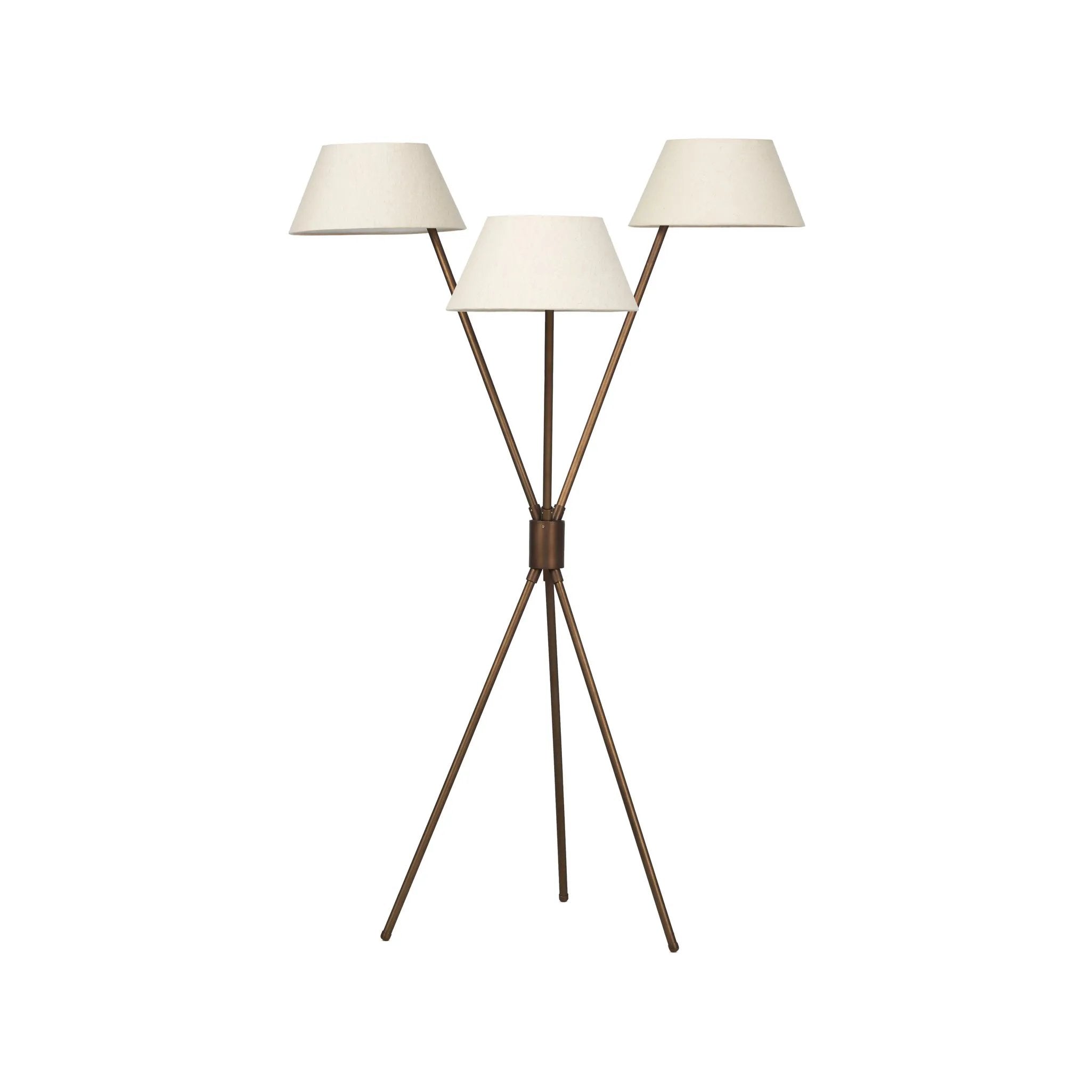A tripod-base floor lamp, provides light in every direction. Made with slim, sturdy iron in a rubbed bronze finish and topped with linen shades for a soft glow Amethyst Home provides interior design, new home construction design consulting, vintage area rugs, and lighting in the Winter Garden metro area.