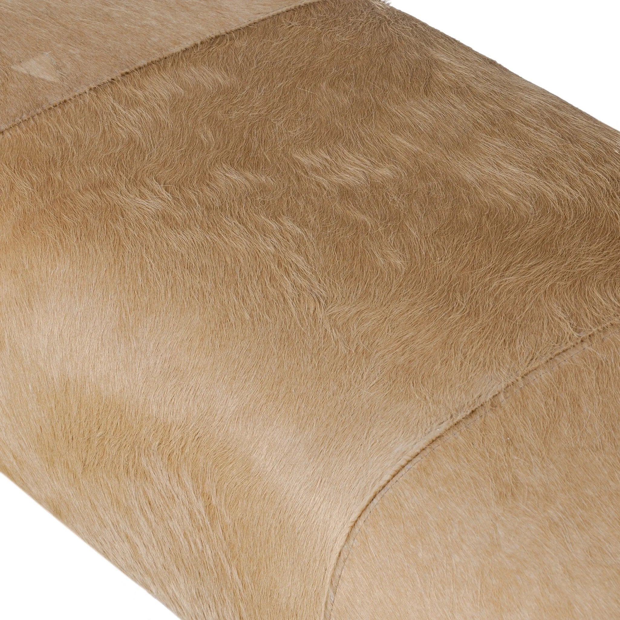 Make your space stand out with a unique accent bench of solid oak and hair on hide. Reflective of hides' one-of-a-kind nature, a variance in coloring, pattern and hair length is to be expected Amethyst Home provides interior design, new home construction design consulting, vintage area rugs, and lighting in the Charlotte metro area.