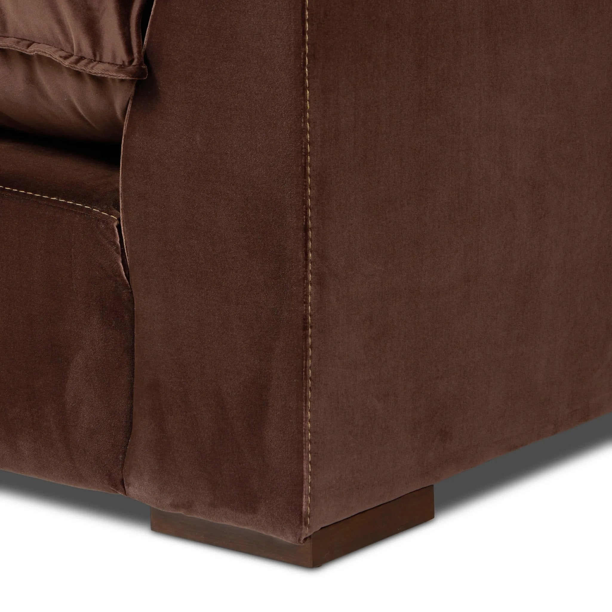 Designed to mimic the casual comfort of a feather duvet, slightly flared arms frame feather-blend cushioning upholstered in a cocoa-colored cotton, for a relaxed look and sink-in feel. Fluff cushions regularly to maintain appearance Amethyst Home provides interior design, new home construction design consulting, vintage area rugs, and lighting in the Los Angeles metro area.