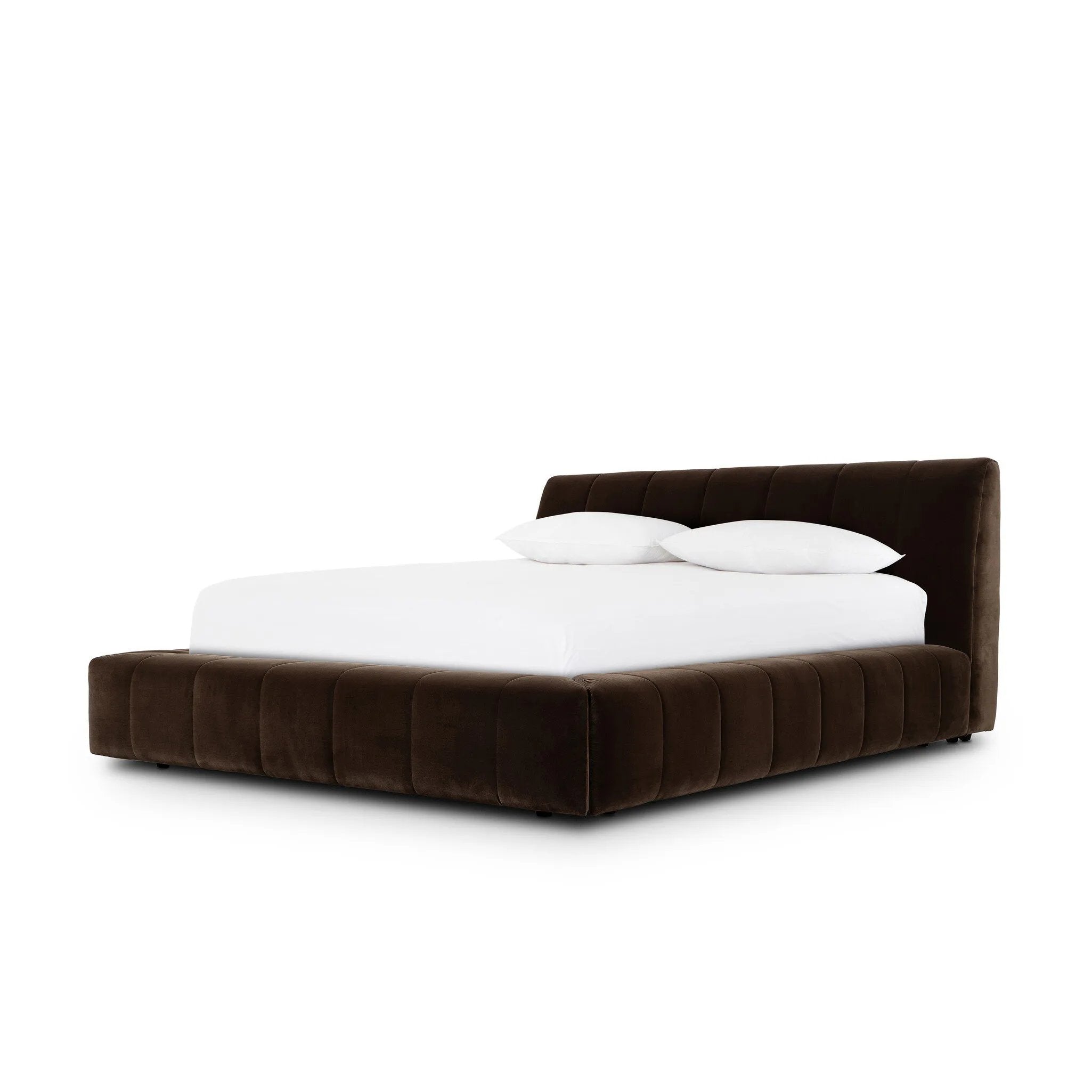 Wide, vertical channeling and low styling speak to the modish Italian influence of this softly textured bed upholstered in cream high-performance fabric. Performance fabrics are specially created to withstand spills, stains, high traffic and wear, ensuring long-term comfort and unmatched durability Amethyst Home provides interior design, new home construction design consulting, vintage area rugs, and lighting in the Calabasas metro area.