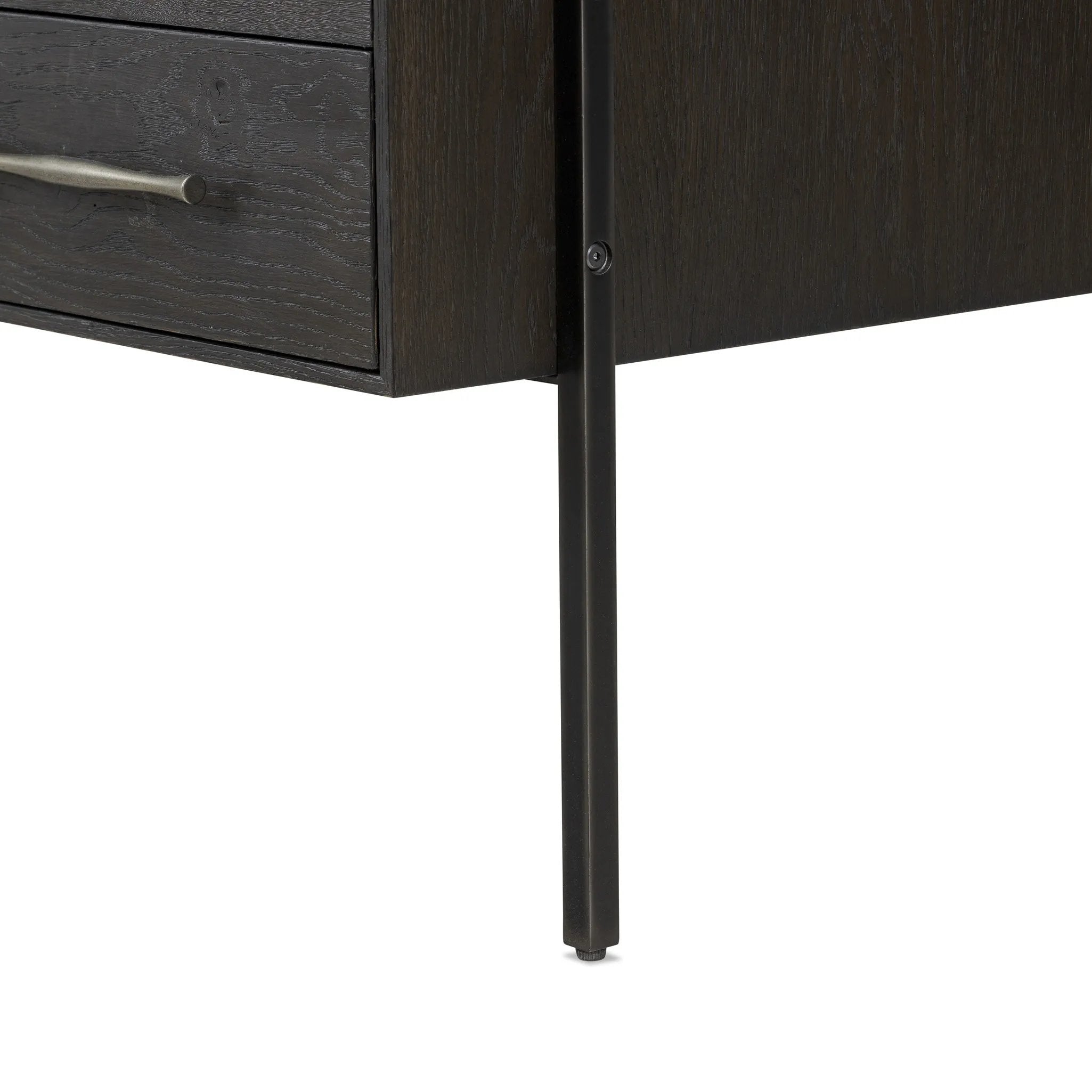 Featuring Lauren Charcoal Oak Resawn Veneer Desk by Four Hands at Amethyst Home. Made from resawn oak and oak veneer, a legal-style desk offers major storage with dual cabinetry, including file storage for legal and letter-size documents. A floating top and iron legs keep the look modern and light. This piece is designed in collaboration with Thomas Bina. F. Amethyst Home provides interior design, new home construction design consulting, vintage area rugs, and lighting in the Calabasas metro area.