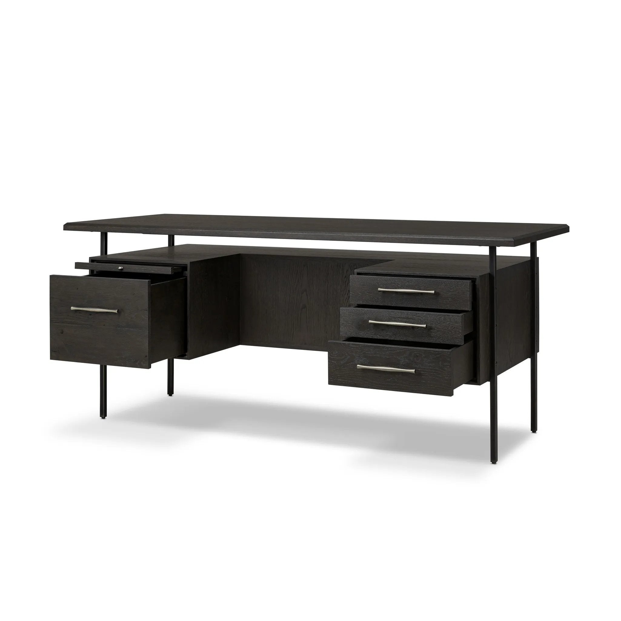 Featuring Lauren Charcoal Oak Resawn Veneer Desk by Four Hands at Amethyst Home. Made from resawn oak and oak veneer, a legal-style desk offers major storage with dual cabinetry, including file storage for legal and letter-size documents. A floating top and iron legs keep the look modern and light. This piece is designed in collaboration with Thomas Bina. Four. Amethyst Home provides interior design, new home construction design consulting, vintage area rugs, and lighting in the Dallas metro area.