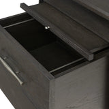 Featuring Lauren Charcoal Oak Resawn Veneer Desk by Four Hands at Amethyst Home. Made from resawn oak and oak veneer, a legal-style desk offers major storage with dual cabinetry, including file storage for legal and letter-size documents. A floating top and iron legs keep the look modern and light. This piece is designed in collaboration with Thomas Bina. F. Amethyst Home provides interior design, new home construction design consulting, vintage area rugs, and lighting in the Nashville metro area.