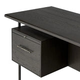 Featuring Lauren Charcoal Oak Resawn Veneer Desk by Four Hands at Amethyst Home. Made from resawn oak and oak veneer, a legal-style desk offers major storage with dual cabinetry, including file storage for legal and letter-size documents. A floating top and iron legs keep the look modern and light. This piece is designed in collaboration with Thomas Bina. Four . Amethyst Home provides interior design, new home construction design consulting, vintage area rugs, and lighting in the Omaha metro area.