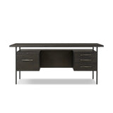 Featuring Lauren Charcoal Oak Resawn Veneer Desk by Four Hands at Amethyst Home. Made from resawn oak and oak veneer, a legal-style desk offers major storage with dual cabinetry, including file storage for legal and letter-size documents. A floating top and iron legs keep the look modern and light. This piece is designed in collaboration with Thomas Bi. Amethyst Home provides interior design, new home construction design consulting, vintage area rugs, and lighting in the Salt Lake City metro area.
