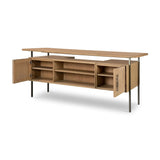 Featuring Lauren Natural Resawn Oak Desk by Four Hands at Amethyst Home. Made from solid oak and reclaimed peroba, a legal-style desk offers major storage with dual cabinetry, including file storage for legal and letter-size documents. A floating top and iron legs keep the look modern and light. This piece is designed in collaboration with Thomas Bina. Four. Amethyst Home provides interior design, new home construction design consulting, vintage area rugs, and lighting in the Nashville metro area.