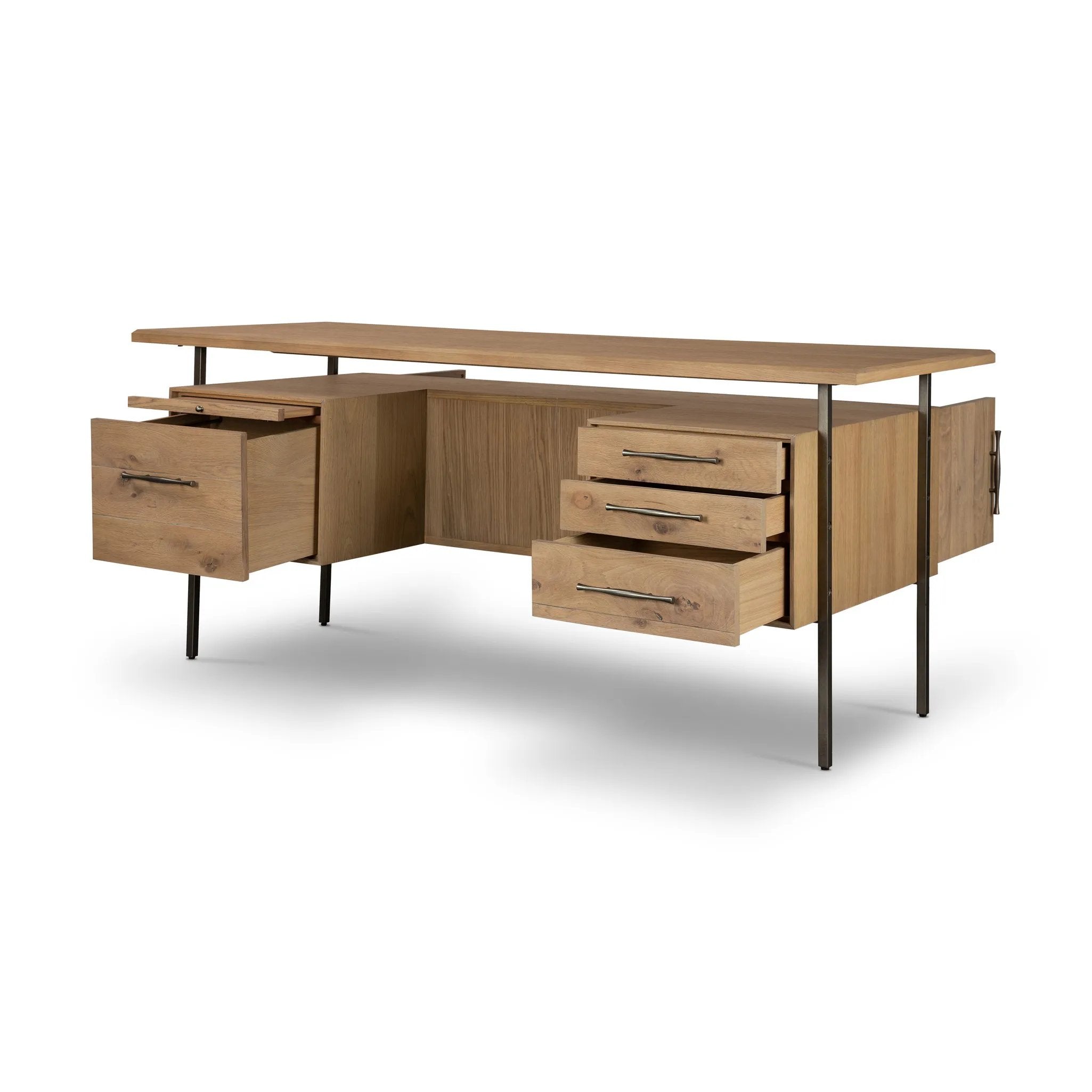Featuring Lauren Natural Resawn Oak Desk by Four Hands at Amethyst Home. Made from solid oak and reclaimed peroba, a legal-style desk offers major storage with dual cabinetry, including file storage for legal and letter-size documents. A floating top and iron legs keep the look modern and light. This piece is designed in collaboration with Thomas Bina. Four . Amethyst Home provides interior design, new home construction design consulting, vintage area rugs, and lighting in the Portland metro area.
