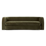 Lounge or entertain on this velvety bench-style sofa. The solid wood frame features a gentle curve at the front, while the olive performance fabric introduces rich, unexpected color to the living area. Performance fabrics are specially created to withstand spills, stains, high traffic and wear, ensuring long-term comfort and unmatched durability. Amethyst Home provides interior design, new home construction design consulting, vintage area rugs, and lighting in the Houston metro area.