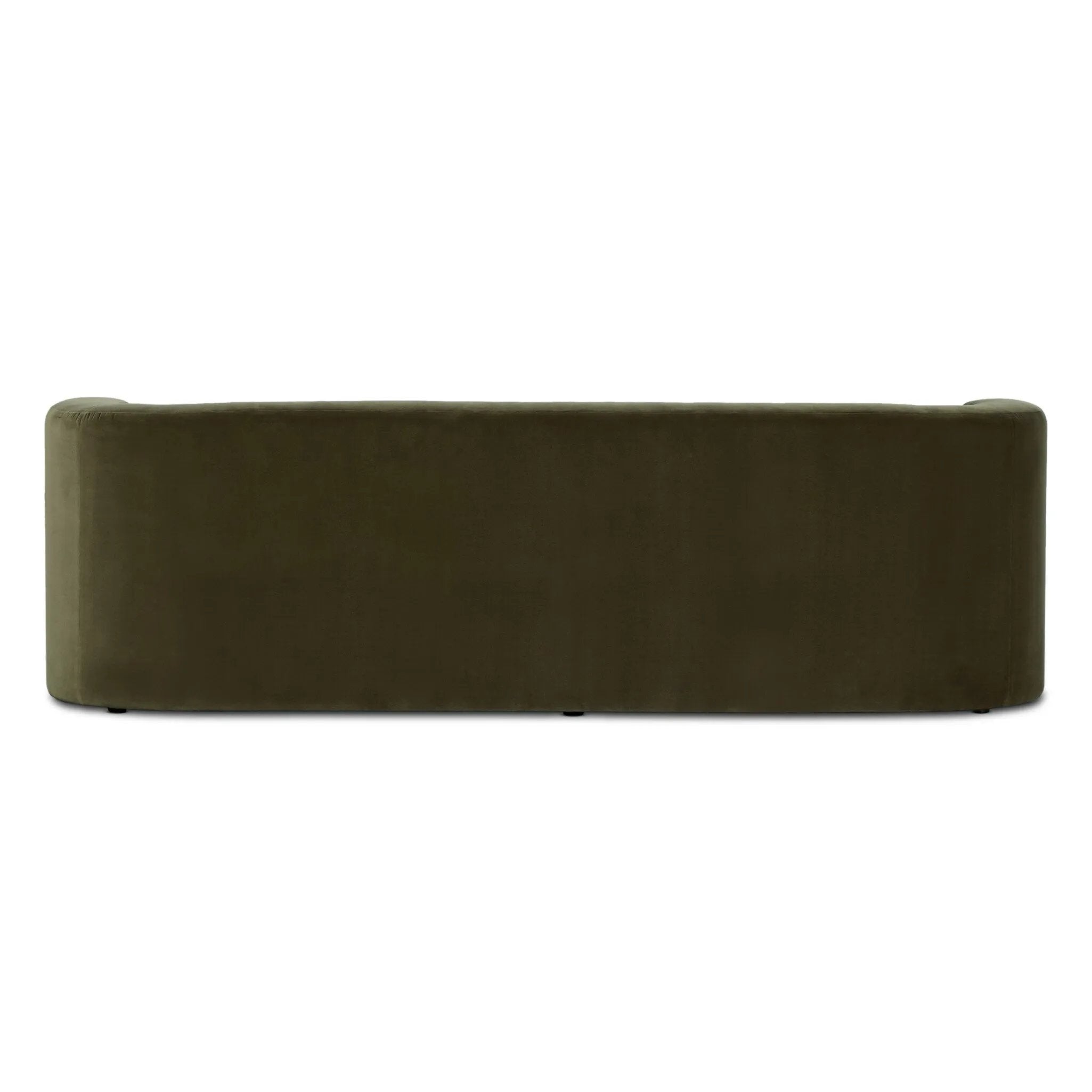 Lounge or entertain on this velvety bench-style sofa. The solid wood frame features a gentle curve at the front, while the olive performance fabric introduces rich, unexpected color to the living area. Performance fabrics are specially created to withstand spills, stains, high traffic and wear, ensuring long-term comfort and unmatched durability. Amethyst Home provides interior design, new home construction design consulting, vintage area rugs, and lighting in the Nashville metro area.