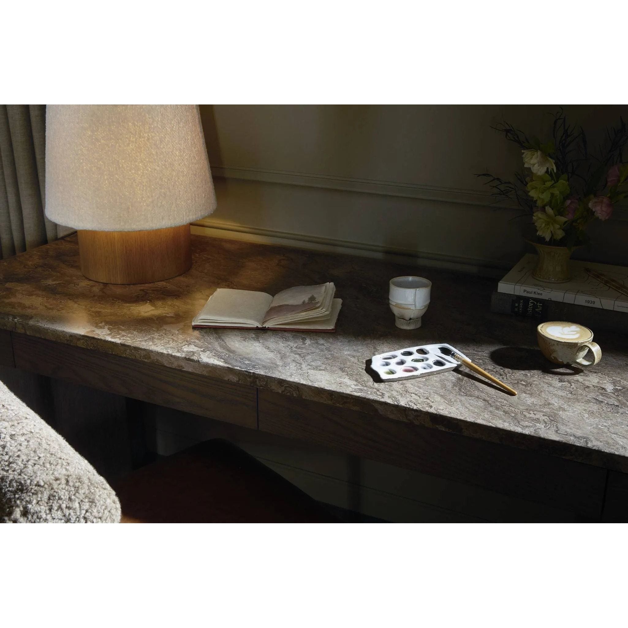 Featuring Lawson Brown Oak Veneer Desk by Four Hands at Amethyst Home. The traditional writing desk, elevated with mixed materials. Vein-rich marble tops an angular brown oak base, with two pencil drawers for storage. Overall Dimensions: 73.50"w x 28.00"d x 30.00"h. Amethyst Home provides interior design, new home construction design consulting, vintage area rugs, and lighting in the Alpharetta metro area.