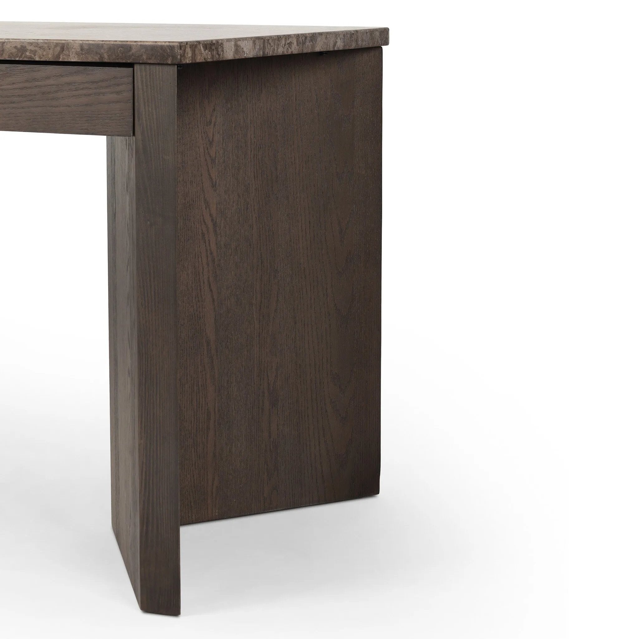 Featuring Lawson Brown Oak Veneer Desk by Four Hands at Amethyst Home. The traditional writing desk, elevated with mixed materials. Vein-rich marble tops an angular brown oak base, with two pencil drawers for storage. Overall Dimensions: 73.50"w x 28.00"d x 30.00"h. Amethyst Home provides interior design, new home construction design consulting, vintage area rugs, and lighting in the Des Moines metro area.