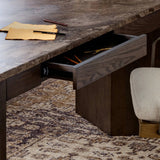 Featuring Lawson Brown Oak Veneer Desk by Four Hands at Amethyst Home. The traditional writing desk, elevated with mixed materials. Vein-rich marble tops an angular brown oak base, with two pencil drawers for storage. Overall Dimensions: 73.50"w x 28.00"d x 30.00"h. Amethyst Home provides interior design, new home construction design consulting, vintage area rugs, and lighting in the Monterey metro area.