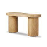 Substantial cylindrical legs support this kidney-shaped desk crafted in light blonde oak veneer â€” a testament to form harmonizing with function.Collection: Hughe Amethyst Home provides interior design, new home construction design consulting, vintage area rugs, and lighting in the Houston metro area.