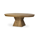 Featuring Leif Aged Natural Oak Veneer 60" Round Extension Dining Table by Four Hands at Amethyst Home. Inspired by European antiques, an extension dining table blends traditional and transitional design elements for a timeless look. A tapered, squared-off base supports a top that extends from a circle to an oval with a 20" leaf, accommodating up to 8 g. Amethyst Home provides interior design, new home construction design consulting, vintage area rugs, and lighting in the Newport Beach metro area.