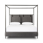 Featuring Leigh San Remo Ash Canopy Bed by Four Hands at Amethyst Home. Safari styling gets refreshed with ash grey fabric and leather straps that secure decorative suspended headboard pillows. Box spring required. This bed is not compatible with an adjustable mattress.KingOverall Dimensions: 80.75"w x 84.75"d x 82.25"hWeight: 212.74 lbsQueenOverall Dimens. Amethyst Home provides interior design, new home construction design consulting, vintage area rugs, and lighting in the Alpharetta metro area.