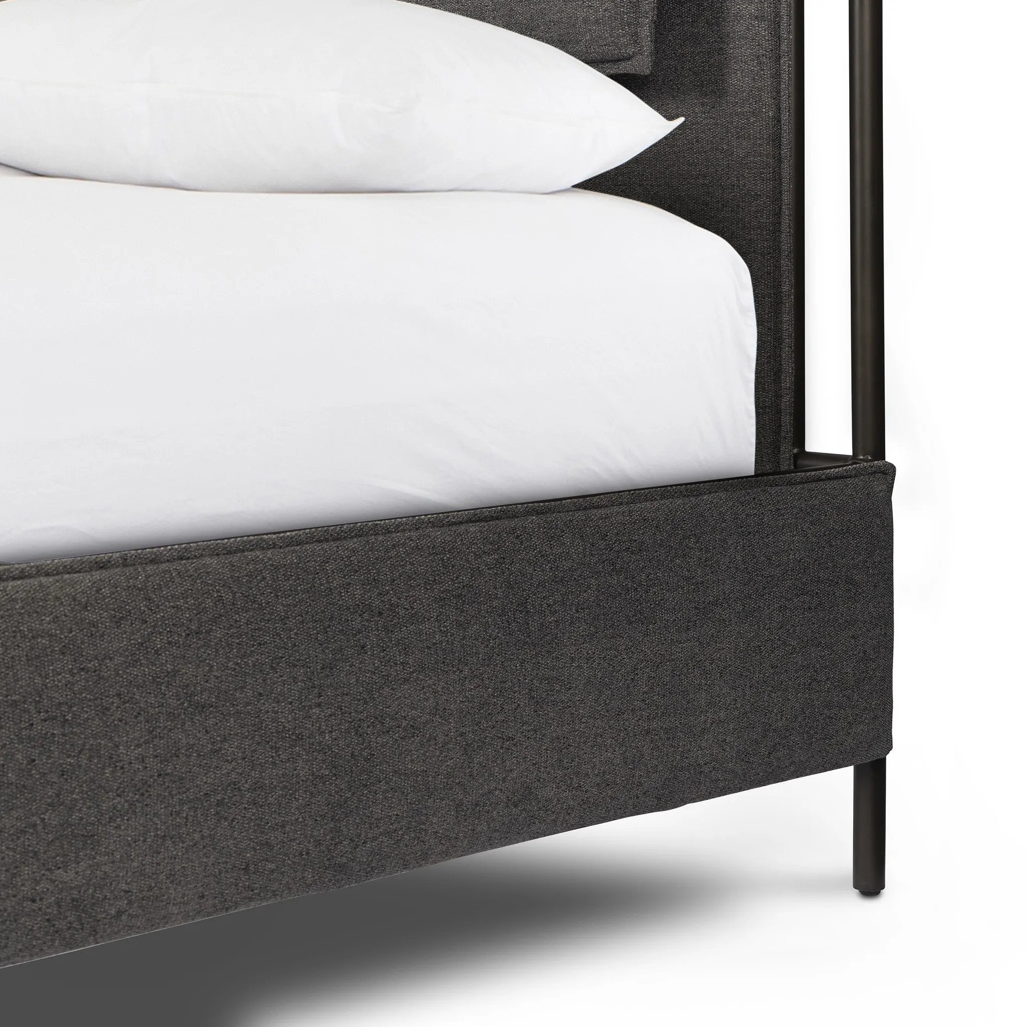 Featuring Leigh San Remo Ash Canopy Bed by Four Hands at Amethyst Home. Safari styling gets refreshed with ash grey fabric and leather straps that secure decorative suspended headboard pillows. Box spring required. This bed is not compatible with an adjustable mattress.KingOverall Dimensions: 80.75"w x 84.75"d x 82.25"hWeight: 212.74 lbsQueenOverall Dimensi. Amethyst Home provides interior design, new home construction design consulting, vintage area rugs, and lighting in the Charlotte metro area.
