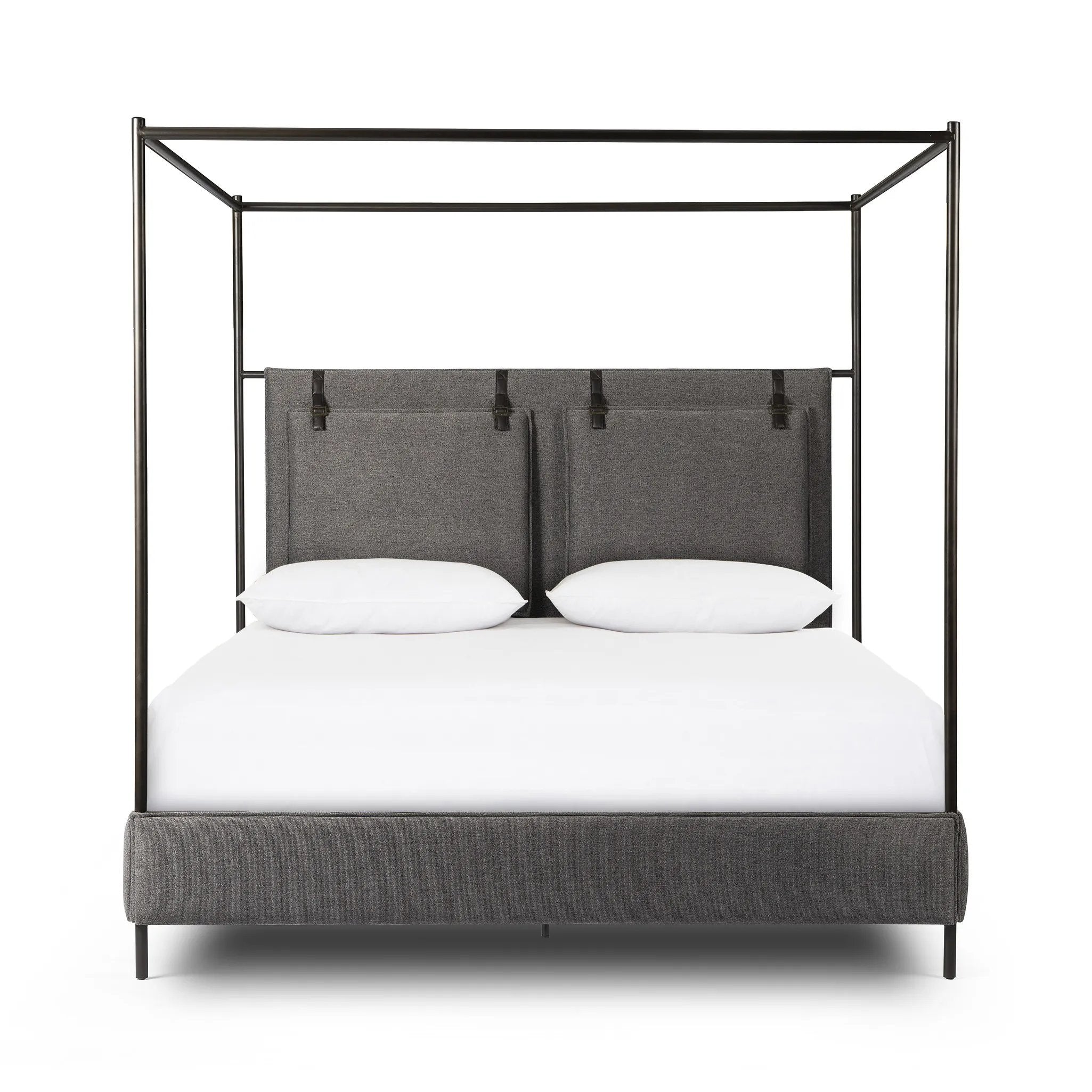 Featuring Leigh San Remo Ash Canopy Bed by Four Hands at Amethyst Home. Safari styling gets refreshed with ash grey fabric and leather straps that secure decorative suspended headboard pillows. Box spring required. This bed is not compatible with an adjustable mattress.KingOverall Dimensions: 80.75"w x 84.75"d x 82.25"hWeight: 212.74 lbsQueenOverall Dimens. Amethyst Home provides interior design, new home construction design consulting, vintage area rugs, and lighting in the Des Moines metro area.