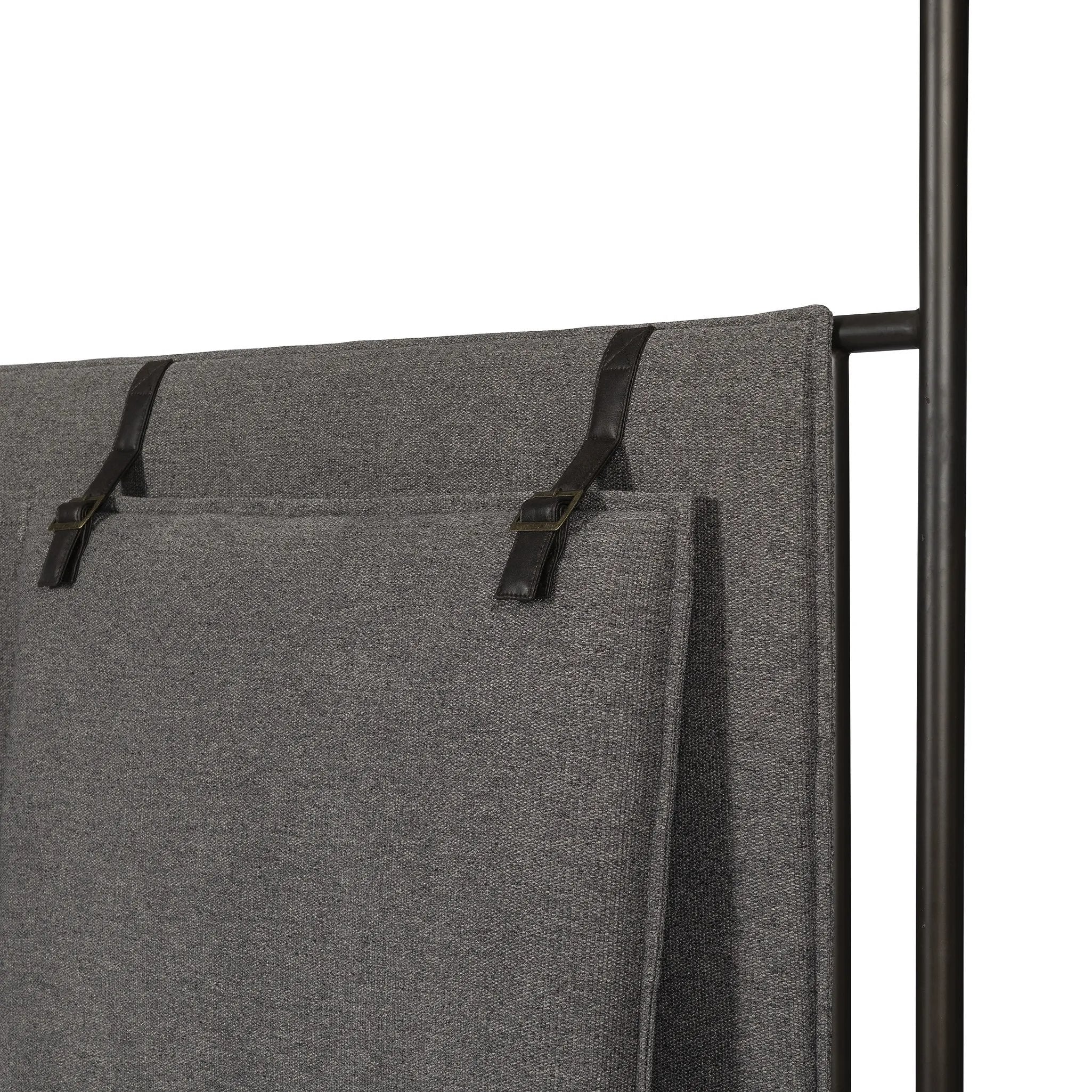 Featuring Leigh San Remo Ash Canopy Bed by Four Hands at Amethyst Home. Safari styling gets refreshed with ash grey fabric and leather straps that secure decorative suspended headboard pillows. Box spring required. This bed is not compatible with an adjustable mattress.KingOverall Dimensions: 80.75"w x 84.75"d x 82.25"hWeight: 212.74 lbsQueenOverall Dimensi. Amethyst Home provides interior design, new home construction design consulting, vintage area rugs, and lighting in the San Diego metro area.