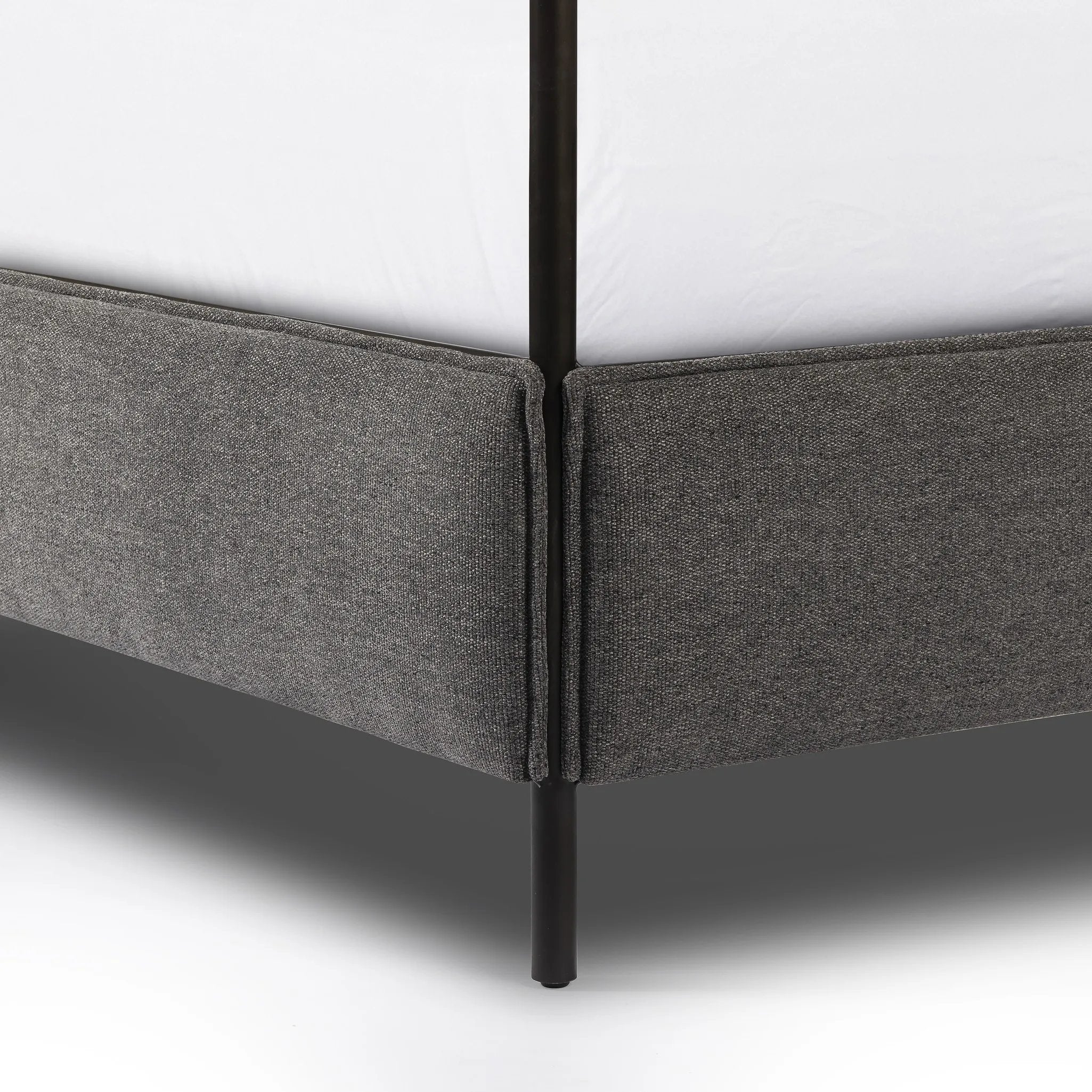 Featuring Leigh San Remo Ash Canopy Bed by Four Hands at Amethyst Home. Safari styling gets refreshed with ash grey fabric and leather straps that secure decorative suspended headboard pillows. Box spring required. This bed is not compatible with an adjustable mattress.KingOverall Dimensions: 80.75"w x 84.75"d x 82.25"hWeight: 212.74 lbsQueenOverall Dimensions:. Amethyst Home provides interior design, new home construction design consulting, vintage area rugs, and lighting in the Tampa metro area.