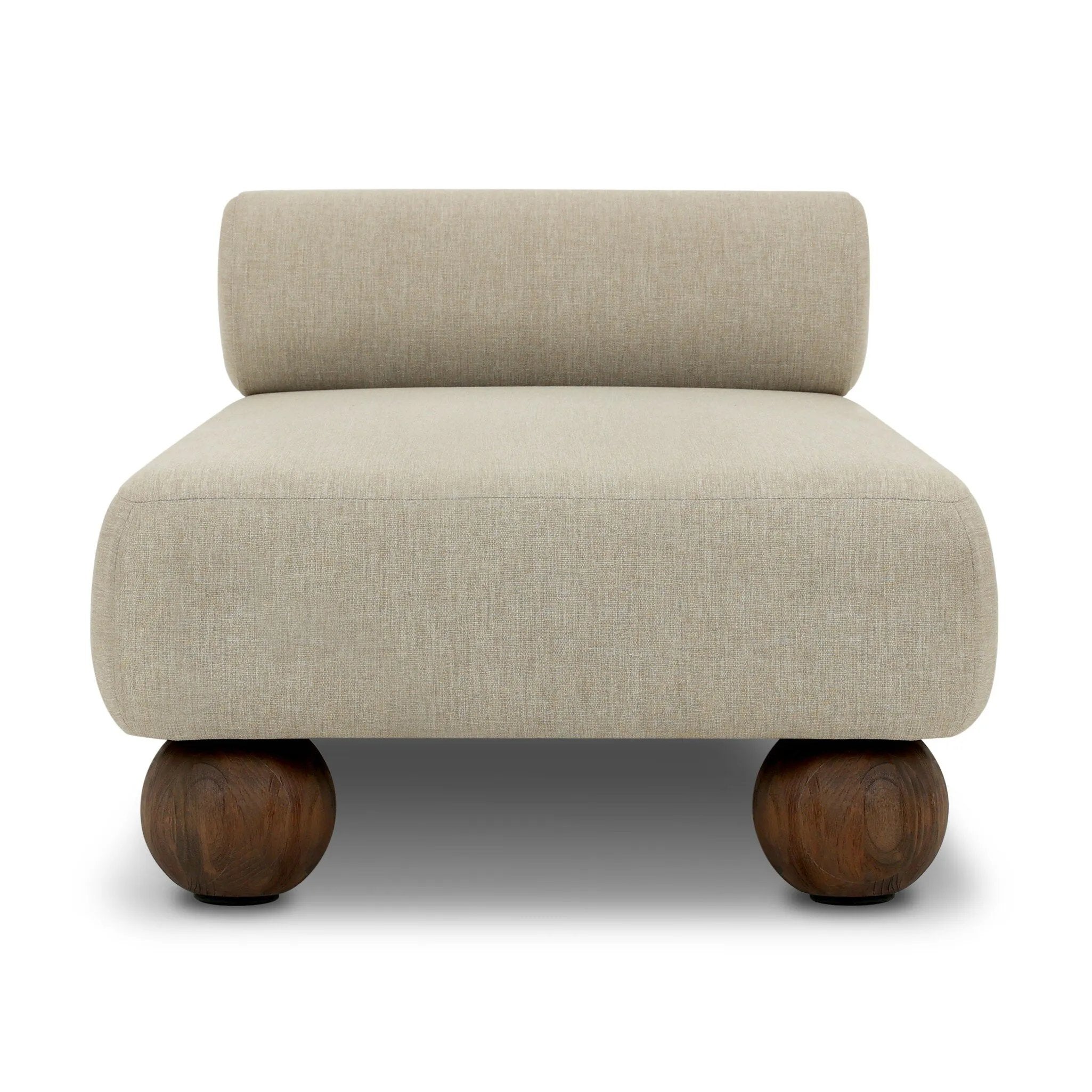 Add a little fun to your space with this boldly shaped outdoor chaise. Fully upholstered seat and bolster back finish in teak ball feet. Cover or store inside during inclement weather or when not in use.As enthusiasts of clean materials at Amethyst, we love the optimistic inspired Leilani Outdoor Chaise - Alessi Buff. Amethyst Home provides interior design, new home construction design consulting, vintage area rugs, and lighting in the Nashville metro area.