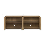 Made from rustic-finished oak with a plinth-style base, clean angles and linear reeding define this midcentury-spirited sideboard. Fully finished interior for a beautiful look inside and out. Designed in partnership with longtime Four Hands collaborator Thomas Bina and Brazilian designer Ronald Sasson Amethyst Home provides interior design, new home construction design consulting, vintage area rugs, and lighting in the Charlotte metro area.