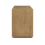 Made from rustic-finished oak with a plinth-style base, clean angles and linear reeding define this midcentury-spirited sideboard. Fully finished interior for a beautiful look inside and out. Designed in partnership with longtime Four Hands collaborator Thomas Bina and Brazilian designer Ronald Sasson Amethyst Home provides interior design, new home construction design consulting, vintage area rugs, and lighting in the San Diego metro area.