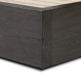 Featuring Leo Smoked Black Bed by Four Hands at Amethyst Home. Designed by Thomas Bina and Ronald Sasson, a design partnership blending both modern minimalist and Brazilian influences. Crafted from a mix of solid oak and thick-cut oak veneer, this clean-lined bed features vertical reed detailing on the tall headboard and beautiful horizontal graining on the fo. Amethyst Home provides interior design, new home construction design consulting, vintage area rugs, and lighting in the Austin metro area.