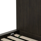 Featuring Leo Smoked Black Bed by Four Hands at Amethyst Home. Designed by Thomas Bina and Ronald Sasson, a design partnership blending both modern minimalist and Brazilian influences. Crafted from a mix of solid oak and thick-cut oak veneer, this clean-lined bed features vertical reed detailing on the tall headboard and beautiful horizontal graining on th. Amethyst Home provides interior design, new home construction design consulting, vintage area rugs, and lighting in the Scottsdale metro area.