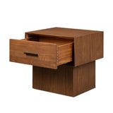 Add subtle statement to your bedside with architectural modern monolith-style nightstand. An exaggerated solid acacia pedestal elevates a matching case, while an iron handle in an aged bronze finish completes the look.As fans of wabi sabi style at Amethyst, we love the designer inspired Lilas Nightstand - Saddle Tan Veneer. Amethyst Home provides interior design, new home construction design consulting, vintage area rugs, and lighting in the Kansas City metro area.