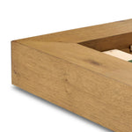 A woven, cushioned headboard in neutral cream adds texture around a floating platform base of light oak. Base features angular chamfered details, thick rails and footboard with a plinth base. Performance fabrics are specially created to withstand spills, stains, high traffic and wear, ensuring long-term comfort and unmatched durability Amethyst Home provides interior design, new home construction design consulting, vintage area rugs, and lighting in the Calabasas metro area.