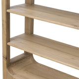 A clean, wide storage style crafted of aged natural oak brings a Brutalist look to any room. Plenty of open shelving offers endless options for favorite books and treasures, while a lower push-latch drawer finishes the look Amethyst Home provides interior design, new home construction design consulting, vintage area rugs, and lighting in the Austin metro area.