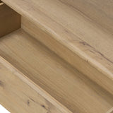 A clean, wide storage style crafted of aged natural oak brings a Brutalist look to any room. Plenty of open shelving offers endless options for favorite books and treasures, while a lower push-latch drawer finishes the look Amethyst Home provides interior design, new home construction design consulting, vintage area rugs, and lighting in the Winter Garden metro area.