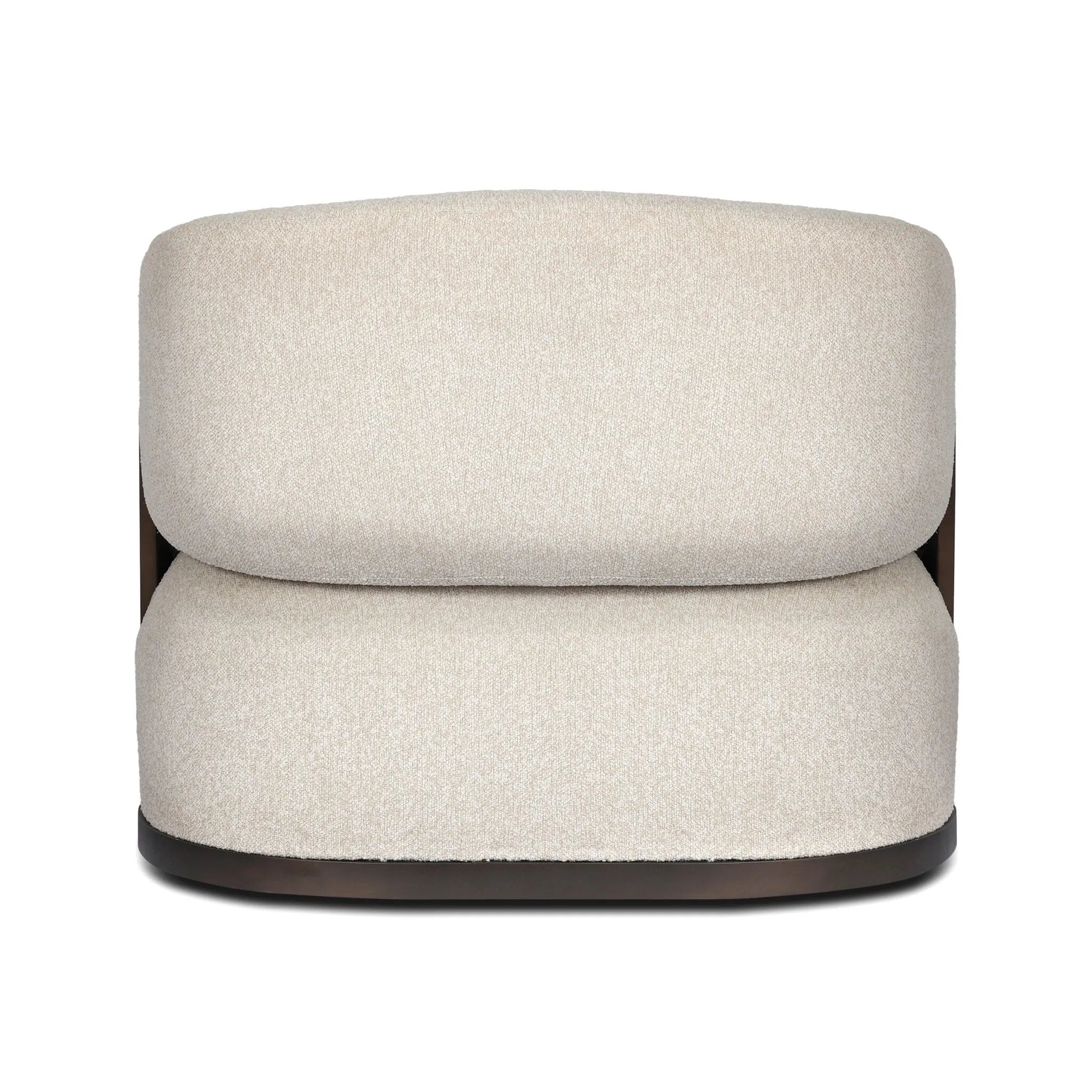 A playful outdoor chair silhouette with a 360 swivel base. The yolk-shaped back is framed by sleek metal accents, adding visual contrast to the exploded boucle upholstery on the thick seat cushion and curved back. Cover or store inside during inclement weather and when not in use. Amethyst Home provides interior design, new home construction design consulting, vintage area rugs, and lighting in the Calabasas metro area.