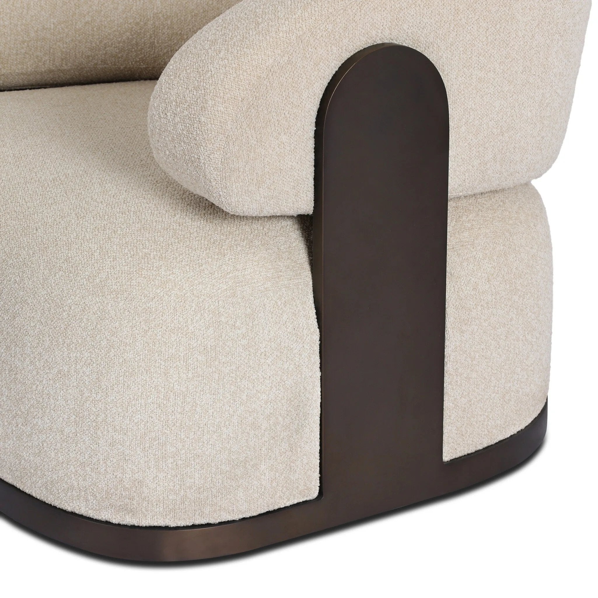 A playful outdoor chair silhouette with a 360 swivel base. The yolk-shaped back is framed by sleek metal accents, adding visual contrast to the exploded boucle upholstery on the thick seat cushion and curved back. Cover or store inside during inclement weather and when not in use. Amethyst Home provides interior design, new home construction design consulting, vintage area rugs, and lighting in the Monterey metro area.