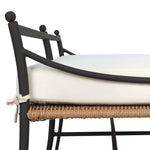 A modern take on traditional weaving patterns centers this outdoor dining bench. Subtly arched metal framing details and a relaxed knife-edge seat cushion invite softness. Cover or store inside during inclement weather and when not in use. A design collaboration by Amber Lewis and Four Hands. Amethyst Home provides interior design, new home construction design consulting, vintage area rugs, and lighting in the Scottsdale metro area.
