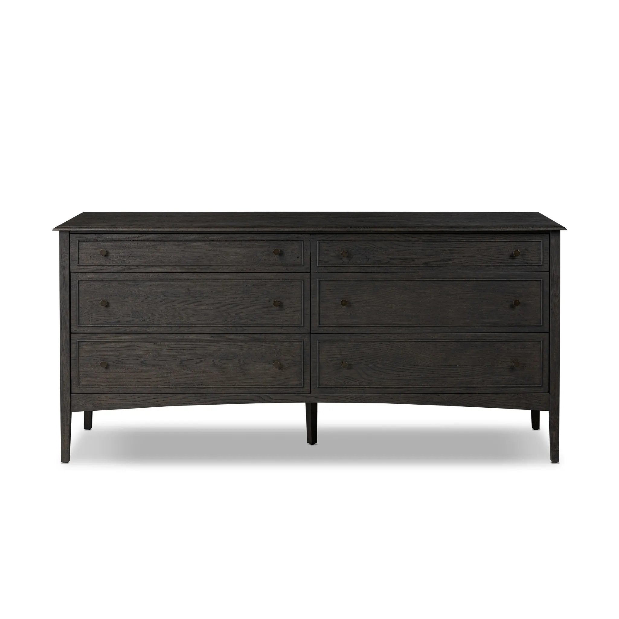 Featuring Maggie Smoked Black Oak Veneer 6 Drawer Dresser by Four Hands at Amethyst Home. A cleanly shaped six-drawer dresser is crafted from smoked black oak, highlighting the wood's natural grain. Roomy drawers offer plenty of space for bedroom storage, while the slim, tapered legs give the piece a subtle lift, creating a grounded look.Overall Dimensions: 77. Amethyst Home provides interior design, new home construction design consulting, vintage area rugs, and lighting in the Boston metro area.