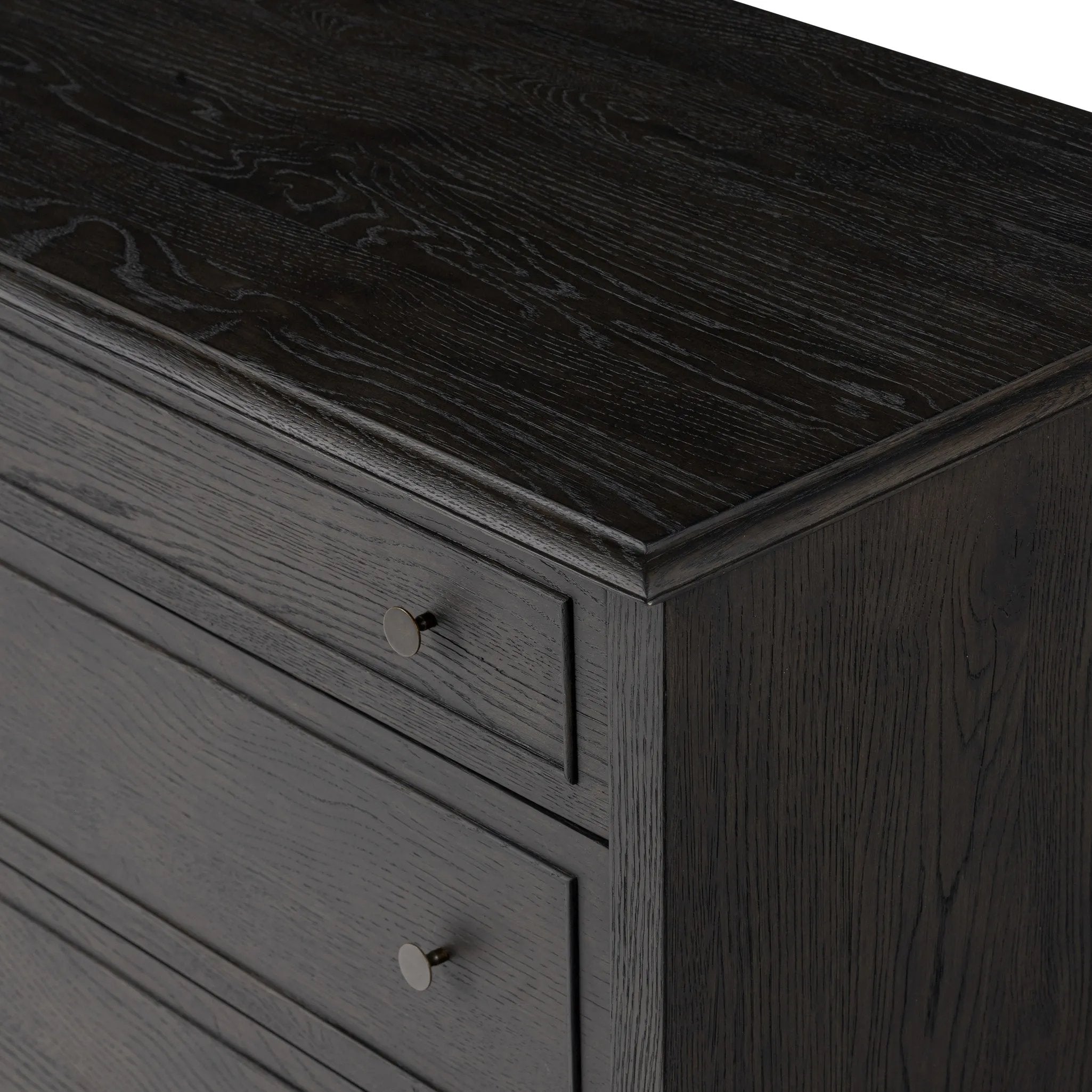 Featuring Maggie Smoked Black Oak Veneer 6 Drawer Dresser by Four Hands at Amethyst Home. A cleanly shaped six-drawer dresser is crafted from smoked black oak, highlighting the wood's natural grain. Roomy drawers offer plenty of space for bedroom storage, while the slim, tapered legs give the piece a subtle lift, creating a grounded look.Overall Dimensi. Amethyst Home provides interior design, new home construction design consulting, vintage area rugs, and lighting in the Newport Beach metro area.