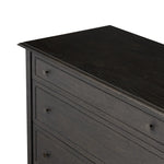 Featuring Maggie Smoked Black Oak Veneer 6 Drawer Dresser by Four Hands at Amethyst Home. A cleanly shaped six-drawer dresser is crafted from smoked black oak, highlighting the wood's natural grain. Roomy drawers offer plenty of space for bedroom storage, while the slim, tapered legs give the piece a subtle lift, creating a grounded look.Overall Dimensions: 7. Amethyst Home provides interior design, new home construction design consulting, vintage area rugs, and lighting in the Seattle metro area.
