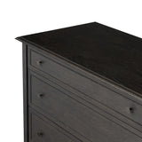 Featuring Maggie Smoked Black Oak Veneer 6 Drawer Dresser by Four Hands at Amethyst Home. A cleanly shaped six-drawer dresser is crafted from smoked black oak, highlighting the wood's natural grain. Roomy drawers offer plenty of space for bedroom storage, while the slim, tapered legs give the piece a subtle lift, creating a grounded look.Overall Dimensions: 7. Amethyst Home provides interior design, new home construction design consulting, vintage area rugs, and lighting in the Seattle metro area.