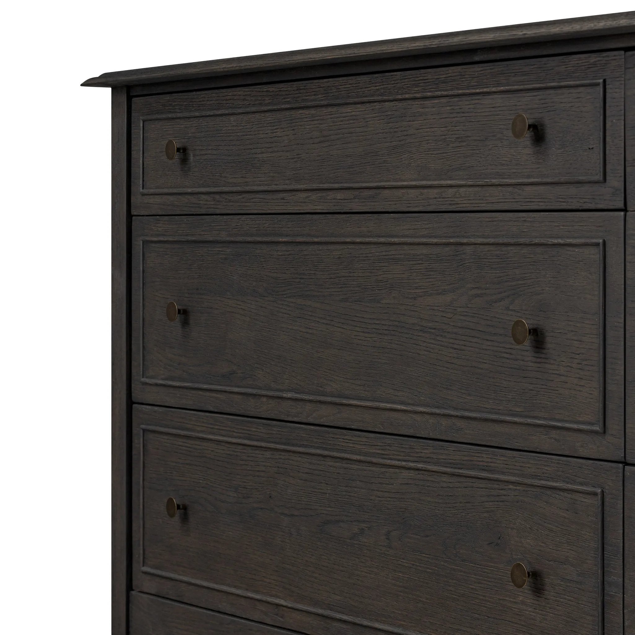 Featuring Maggie Smoked Black Oak Veneer 6 Drawer Dresser by Four Hands at Amethyst Home. A cleanly shaped six-drawer dresser is crafted from smoked black oak, highlighting the wood's natural grain. Roomy drawers offer plenty of space for bedroom storage, while the slim, tapered legs give the piece a subtle lift, creating a grounded look.Overall Dimensions: 77.. Amethyst Home provides interior design, new home construction design consulting, vintage area rugs, and lighting in the Tampa metro area.