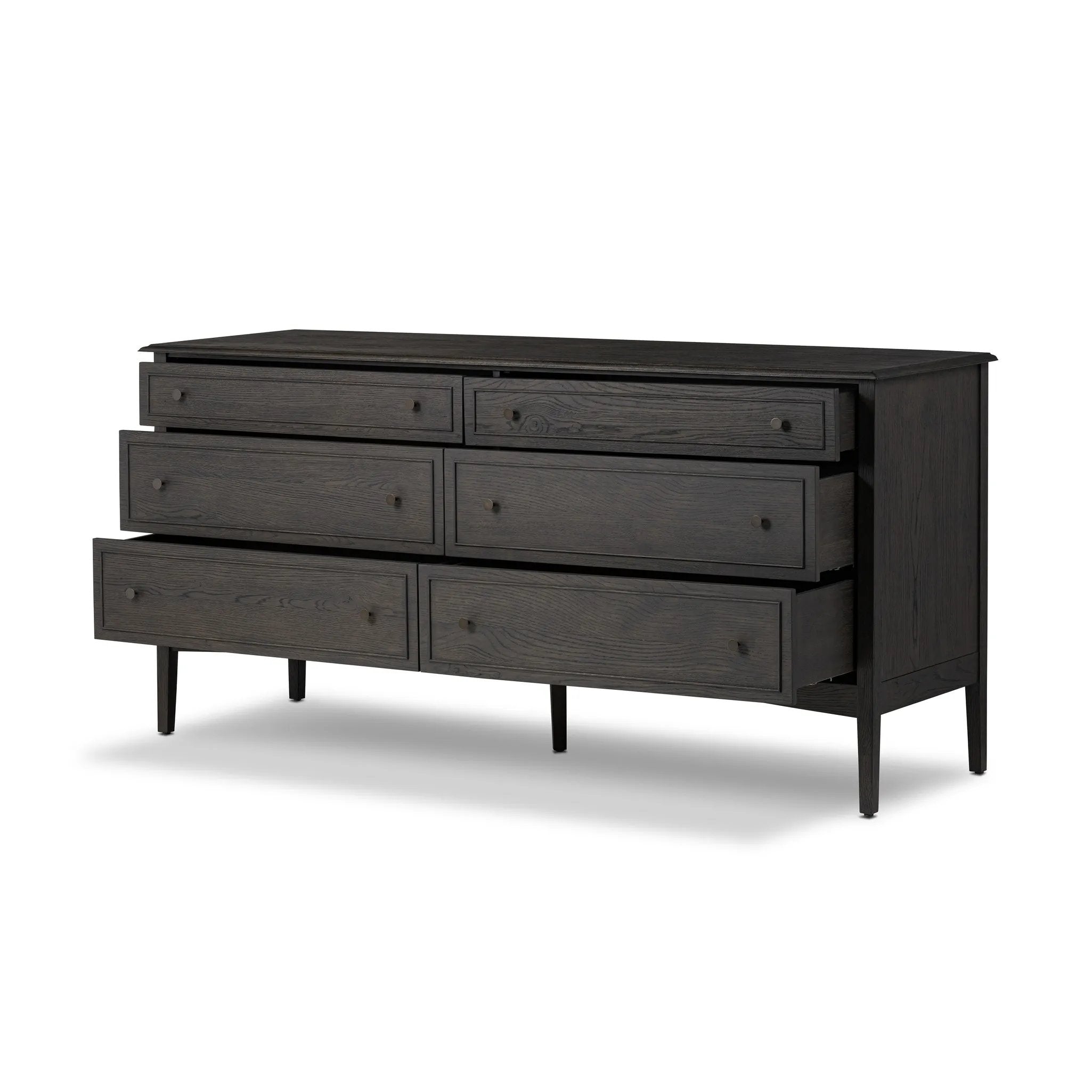 Featuring Maggie Smoked Black Oak Veneer 6 Drawer Dresser by Four Hands at Amethyst Home. A cleanly shaped six-drawer dresser is crafted from smoked black oak, highlighting the wood's natural grain. Roomy drawers offer plenty of space for bedroom storage, while the slim, tapered legs give the piece a subtle lift, creating a grounded look.Overall Dimensi. Amethyst Home provides interior design, new home construction design consulting, vintage area rugs, and lighting in the Winter Garden metro area.