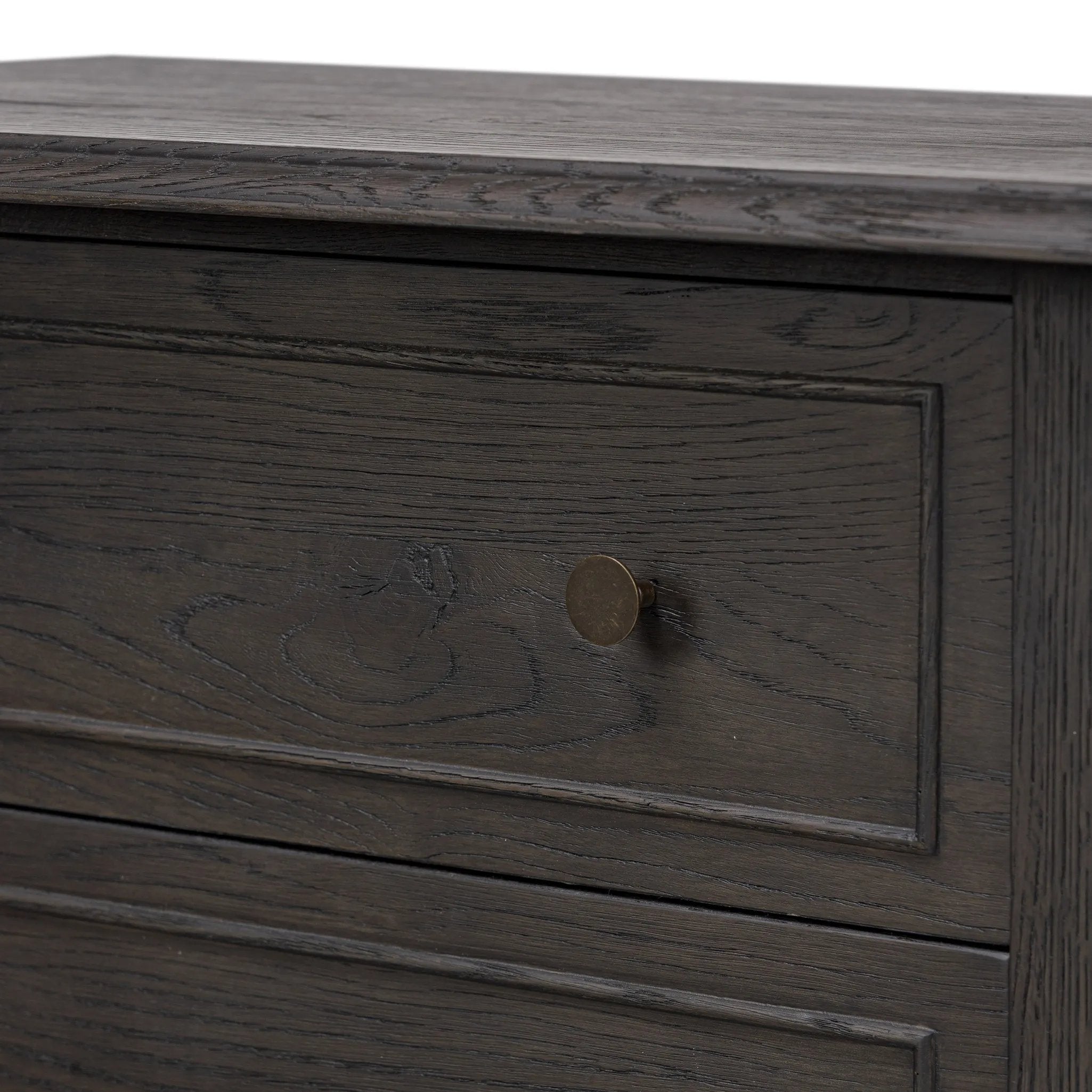 Featuring Maggie Smoked Black Oak Veneer Nightstand by Four Hands at Amethyst Home. Clean and compact, a two-drawer nightstand is crafted from smoked black oak, showcasing the natural grain of wood. Its scaled-down profile fits perfectly beside the bed. Slim, tapered legs add a touch of lightness.Overall Dimensions: 30.00"w x 16.75"d x 26.00"hWeight : 66.14 l. Amethyst Home provides interior design, new home construction design consulting, vintage area rugs, and lighting in the Houston metro area.